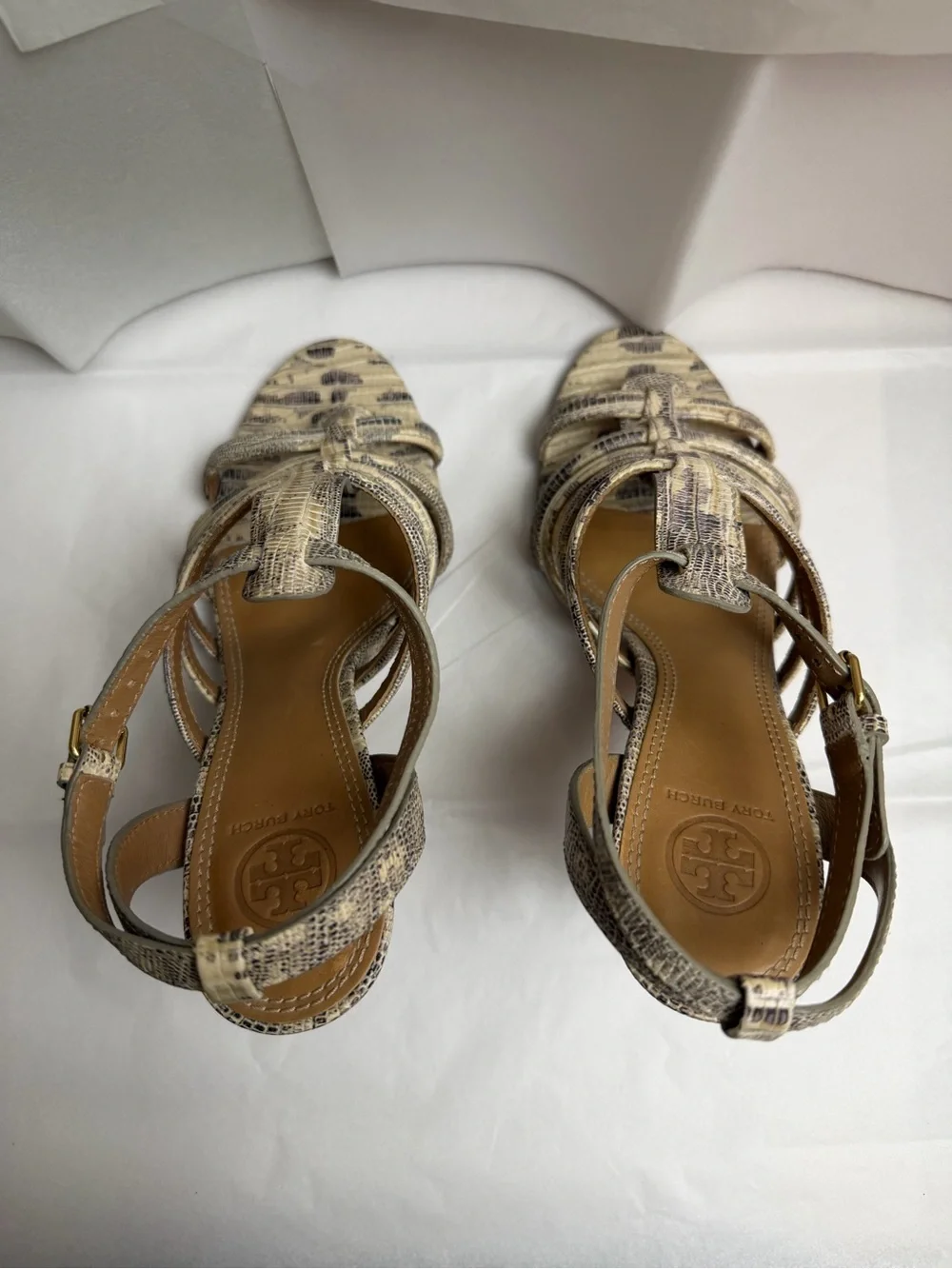 Tory Burch Neutral Snake-Print Strappy Heels